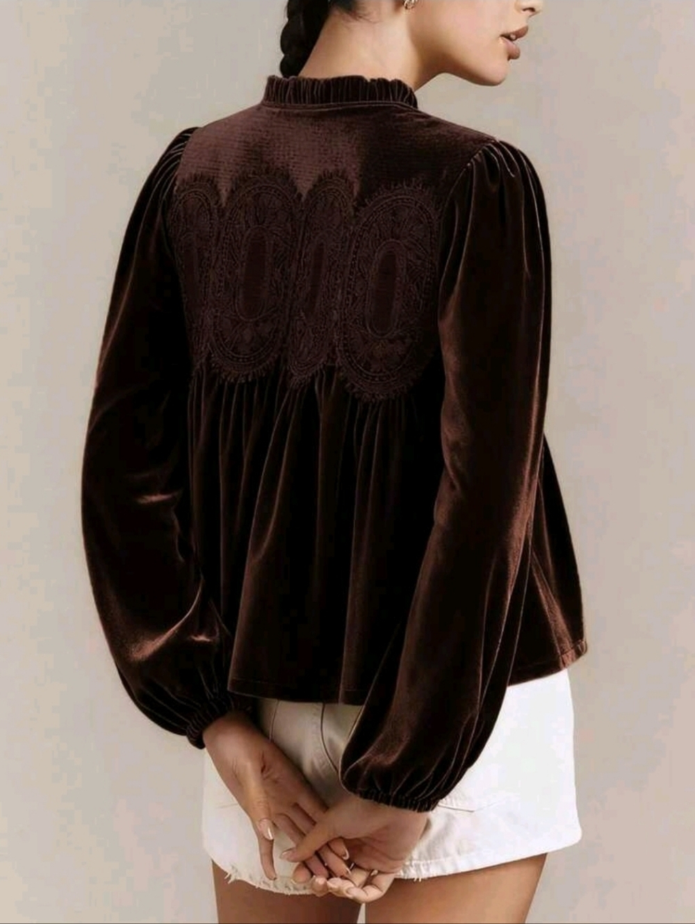 NWT Coffee Brown Velvet Lace Yoke Top